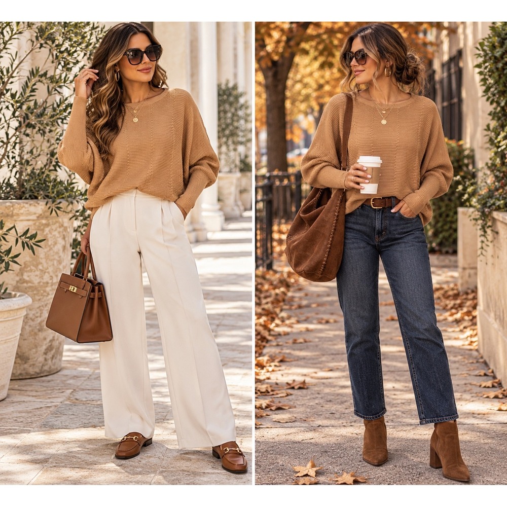 T Tahari Camel Tan Ribbed Knit Pullover Sweater Crew Neck Dolman Sleeve